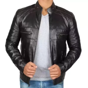Black Leather Biker Jacket Front Right