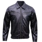 Black Leather Bomber Jacket Mens Front