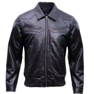 Black Leather Bomber Jacket Mens Front