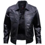Black Leather Bomber Jacket Mens Front Open