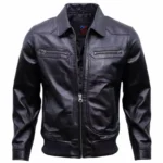 Black Leather Bomber Jacket Mens Open Zipper