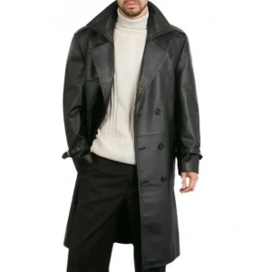 Black Leather Trench Coat Mens Front Open