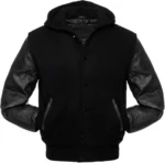 Black Varsity Jacket With Hood Front Black Varsity Jacket With Hood Front