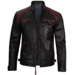 Cafe Racer Black and Maroon Leather Jacket Front Open