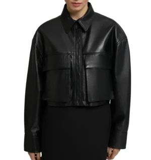 Cropped Black Leather Jacket Front