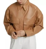 Cropped Brown Leather Jacket Front Cropped Brown Leather Jacket Front