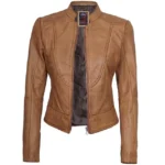 Ladies Camel Leather Jacket Front Open