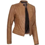 Ladies Camel Leather Jacket Left