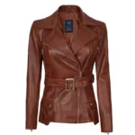 Ladies Chocolate Brown Leather Jacket Front Ladies Chocolate Brown Leather Jacket Front