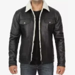 Men Shearling Leather Jacket Front Open