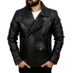 Mens Black Leather Sheepskin Jacket Front Hands In Pocket Mens Black Leather Sheepskin Jacket Front Hands In Pocket