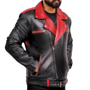 Mens Black & Red Asymmetrical Biker Leather Jacket