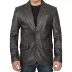 Mens Brown Leather Blazer Front Mens Brown Leather Blazer Front