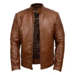 Mens Quilted Leather Motorcycle Jacket Front Open