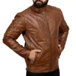 Mens Quilted Leather Motorcycle Jacket Left