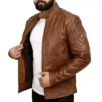 Mens Quilted Leather Motorcycle Jacket Open Right