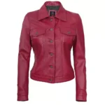 Pink Leather Trucker Jacket Front Pink Leather Trucker Jacket Front