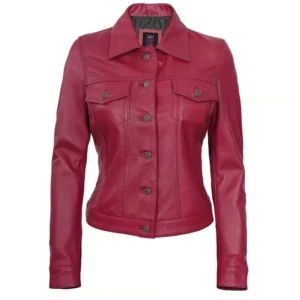 Pink Leather Trucker Jacket Front