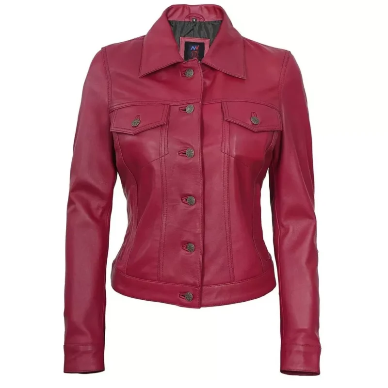 Pink Leather Trucker Jacket Front