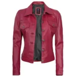 Pink Leather Trucker Jacket Front Open Pink Leather Trucker Jacket Front Open