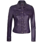 Purple Leather Trucker Jacket Front Purple Leather Trucker Jacket Front