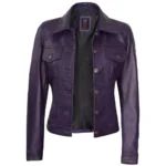 Purple Leather Trucker Jacket Front Open Purple Leather Trucker Jacket Front Open