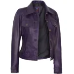 Purple Leather Trucker Jacket Left Purple Leather Trucker Jacket Left