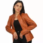 Tan Leather Jacket Women Front Open