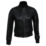 Womens Black Bomber Jacket Front Womens Black Bomber Jacket Front