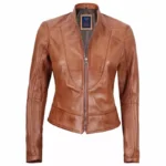 Womens Tan Leather Jacket Front Womens Tan Leather Jacket Front