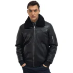 Black Bomber Jacket With Fur Collar For Mens Front