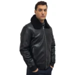 Black Bomber Jacket With Fur Collar For Mens Left