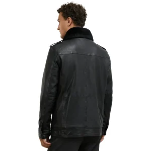 Black Leather Biker Jacket With Fur Collar For Mens Back