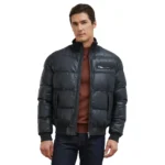 Black Leather Bomber Puffer Jacket For Mens Front Open