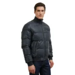 Black Leather Bomber Puffer Jacket For Mens Left