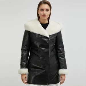 Black Leather Coat With Hood Front