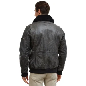 Black Leather Jacket With Black Fur Collar For Mens Back
