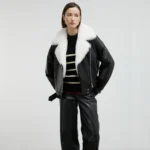 Black Leather Jacket With White Fur Front Open Black Leather Jacket With White Fur Front Open