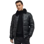 Black Puffer Jacket With Black Fur Collar For Mens Front Open