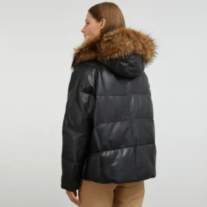 Black Puffer Jacket With Fur Hood Back