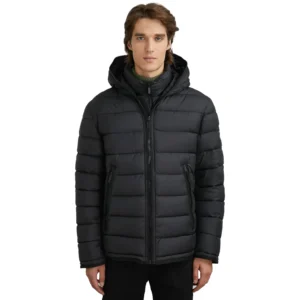 Black Puffer Jacket With Hood For Mens Front