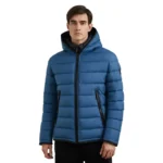 Blue Puffer Jacket With Hood Front Close Blue Puffer Jacket With Hood Front Close
