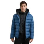 Blue Puffer Jacket With Hood Open Front Blue Puffer Jacket With Hood Open Front