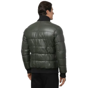 Dark Green Bomber Leather Puffer Jacket For Mens Back