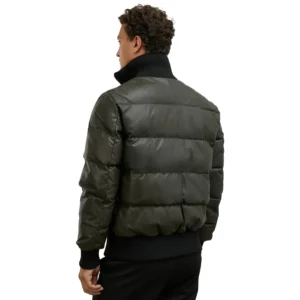 Olive Green Bomber Puffer Jacket For Mens Back