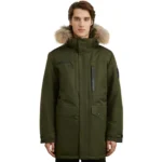 Olive Green Coat With Fur Hood For Mens Front Olive Green Coat With Fur Hood For Mens Front