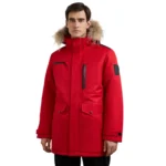 Red Coat With Fur Hood For Mens Front