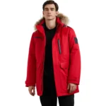 Red Coat With Fur Hood For Mens Front Open
