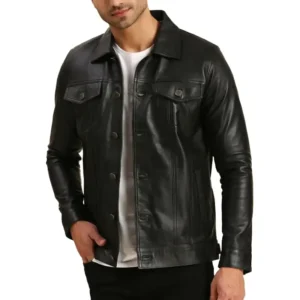 Black Leather Trucker Jacket For Mens
