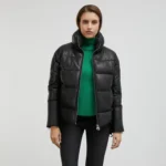 long black puffer jacket front open long black puffer jacket front open